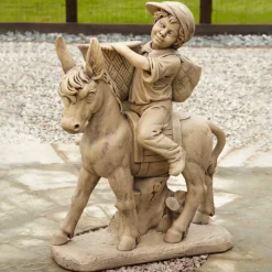 Boy & Donkey Stone Garden Statue