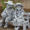 Boy & Girl on Bench Stone Garden Statue