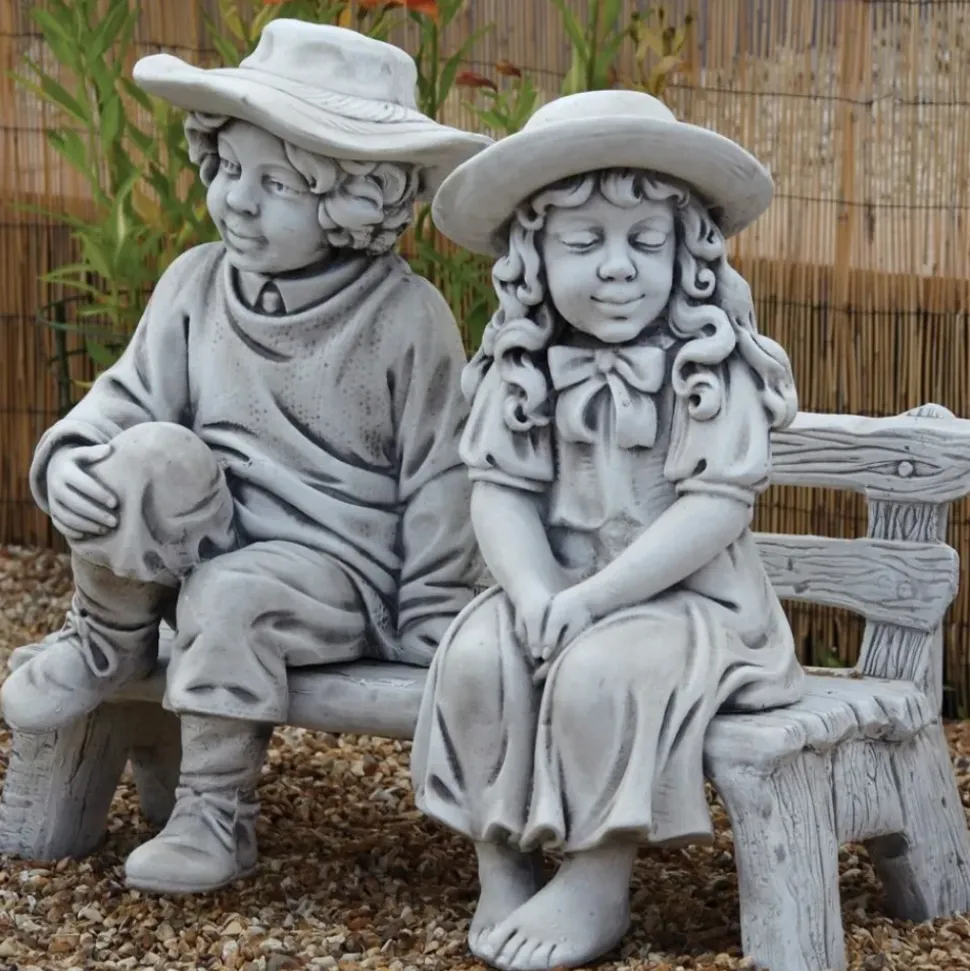 Boy & Girl on Bench Stone Garden Statue