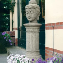 Buddha Head Stone Garden Ornament on Pedestal
