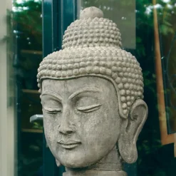 Buddha Head Stone Garden Ornament on Pedestal