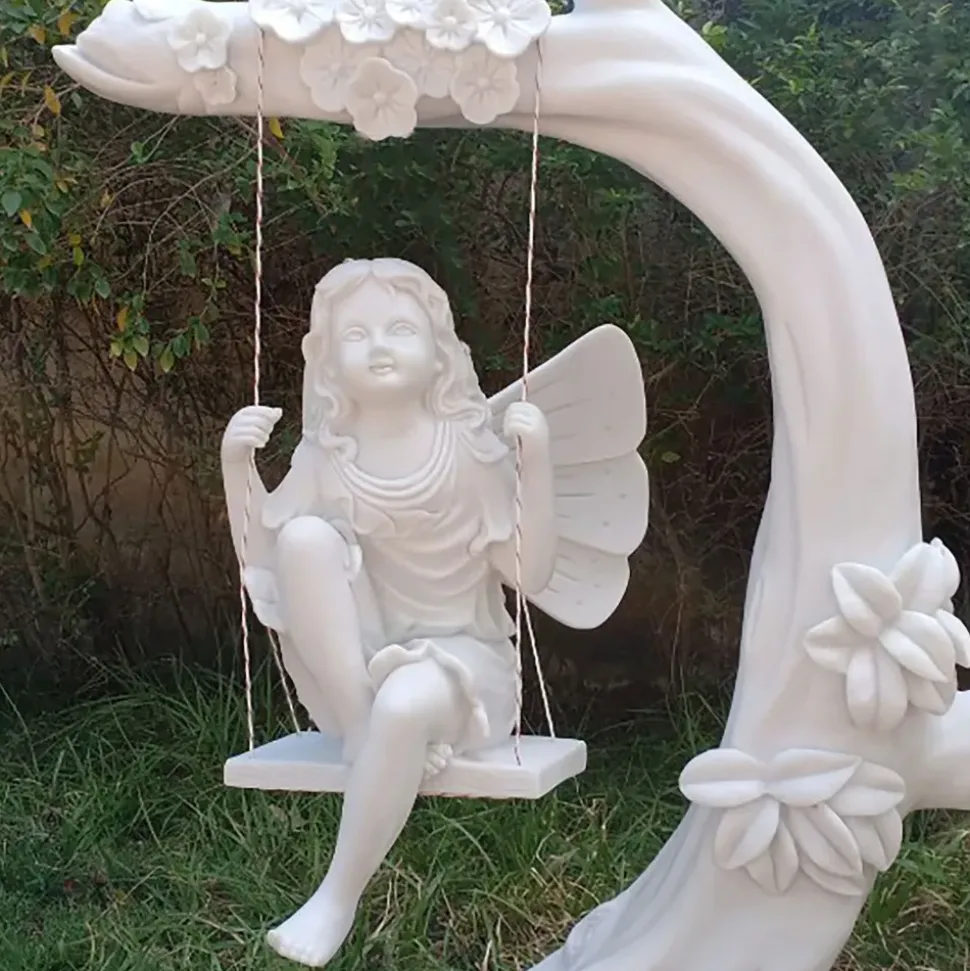 Fairy on Swing 110cm Marble Resin Garden Ornament