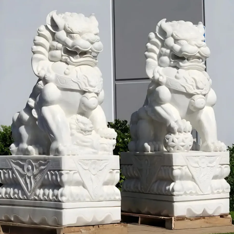 Foo Dogs 120cm White Marble Garden Statues