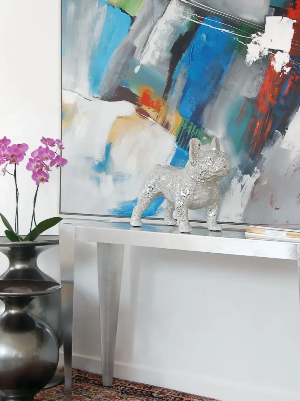 French Bulldog 38cm Silver Resin Indoor Sculpture