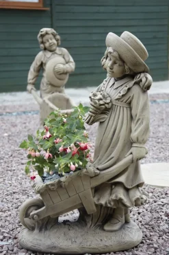 Girl & Barrow Stone Garden Statue