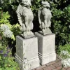 Gothic Griffin & Lion on Pedestal Stone Garden Statues