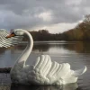 Grand Laying Swan Antique White Metal Garden Statue