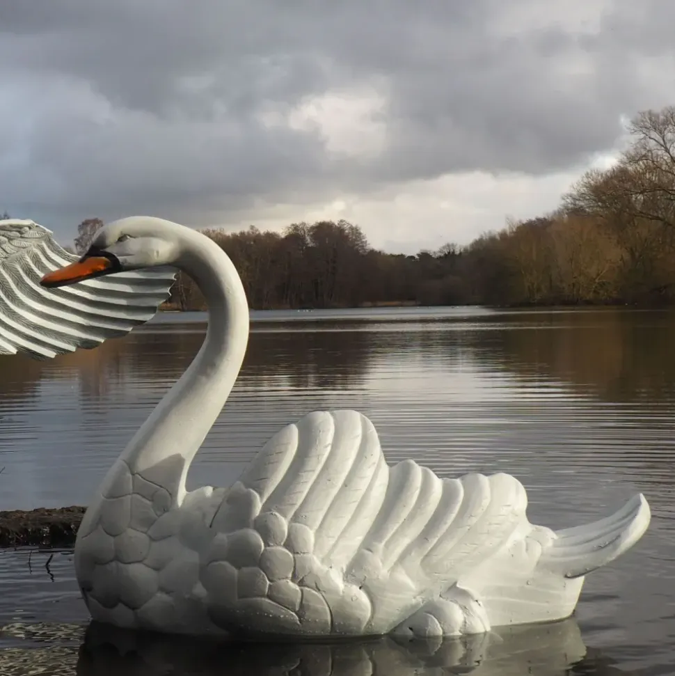 Grand Laying Swan Antique White Metal Garden Statue