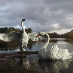 Grand Pair of Swans Antique White Metal Garden Statues