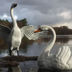 Grand Pair of Swans Antique White Metal Garden Statues