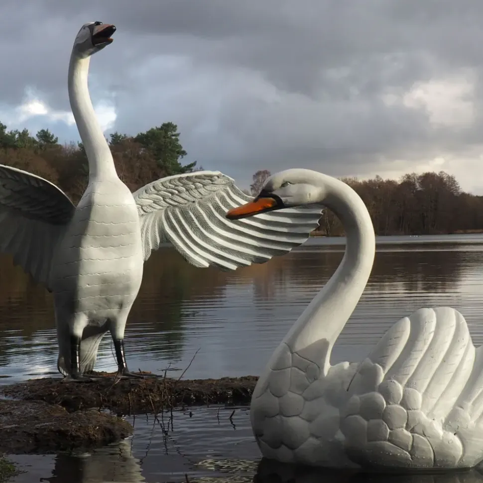 Grand Pair of Swans Antique White Metal Garden Statues