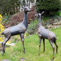 Grand Stag & Doe Bronze Metal Garden Statues