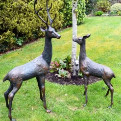 Grand Stag & Doe Bronze Metal Garden Statues