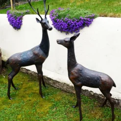 Grand Stag & Doe Bronze Metal Garden Statues