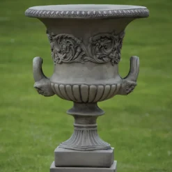 Grecian Stone Garden Planter Urn on Pedestal