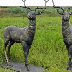 Large Life Size Pair of Bronze Stags Sculptures - Deer Garden Ornaments