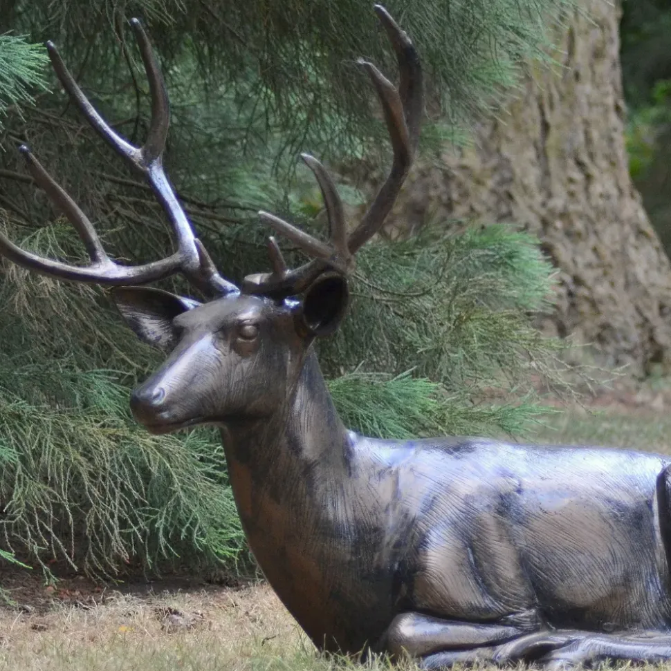 Laying Deer Stag Bronze Metal Garden Statue