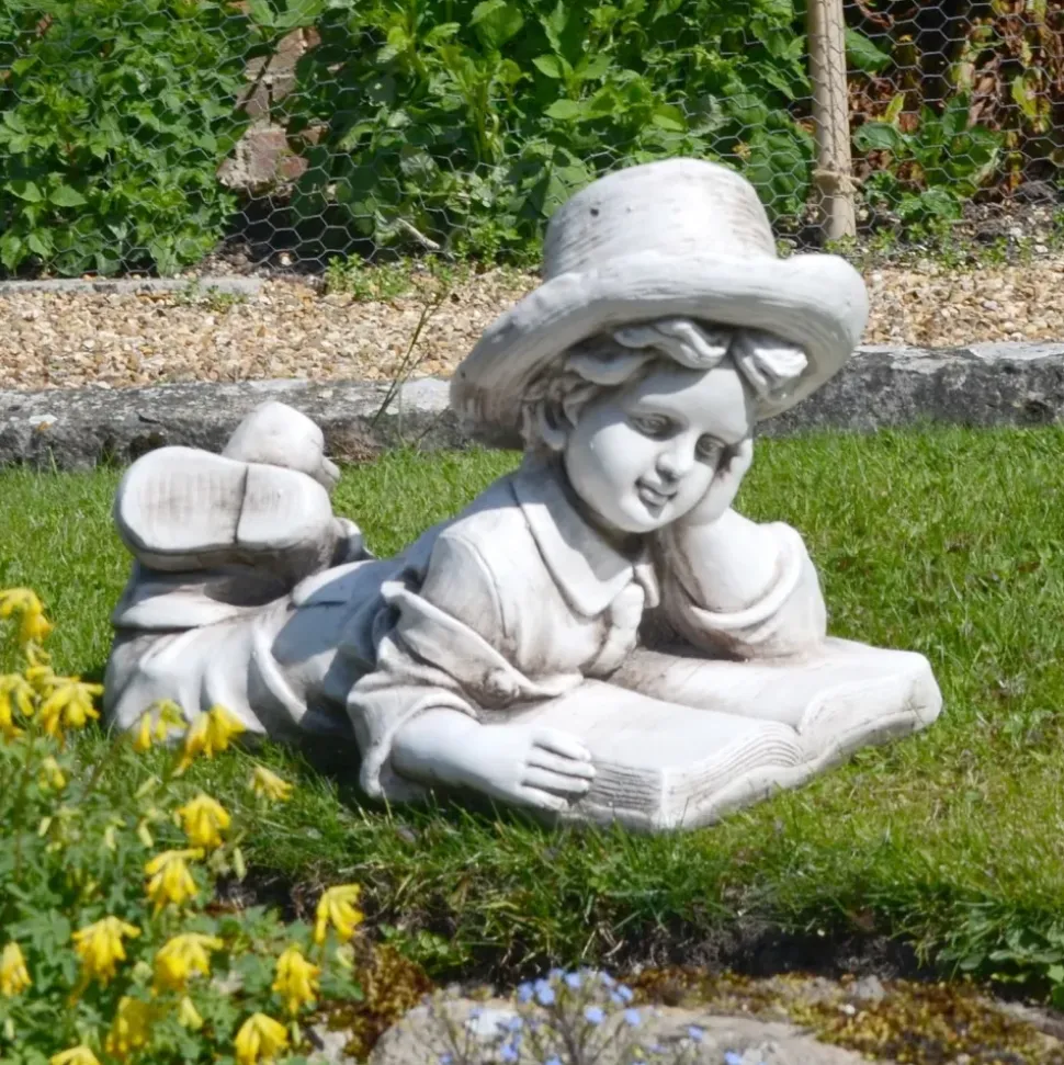 Laying Reading Boy 36cm Stone Resin Garden Statue