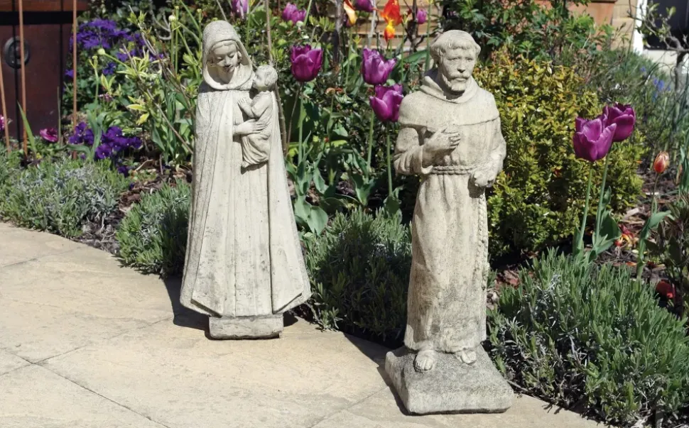 Madonna and Friar Monk Stone Garden Statues