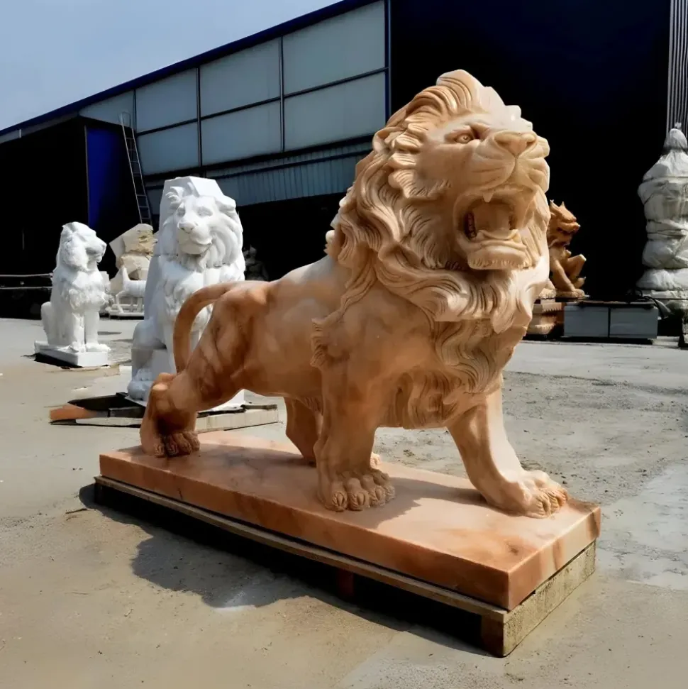 Majestic Lion 120cm Yellow Marble Garden Statue v2