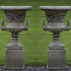 Pair of Grecian Stone Garden Planter Urns on Pedestals