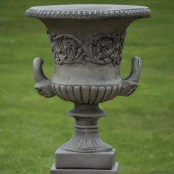 Pair of Grecian Stone Garden Planter Urns on Pedestals