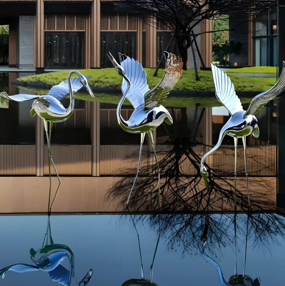 Pure Crane 153cm Silver Metal Garden Sculpture