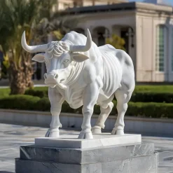 Regal Bull 120cm White Marble Garden Statue v3