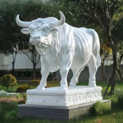 Regal Bull 120cm White Marble Garden Statue v1