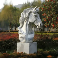 Regal Horse Head 120cm White Marble Garden Statue