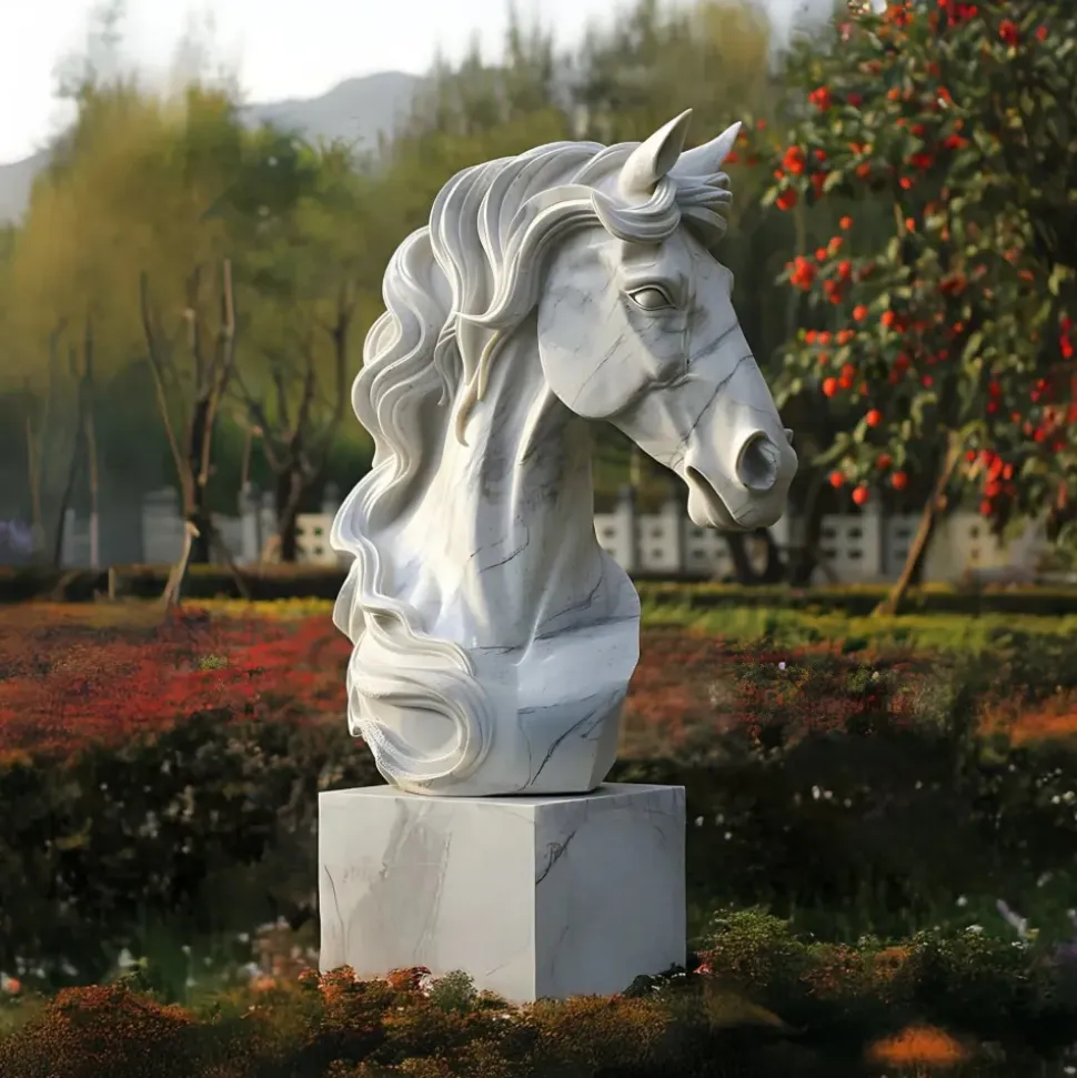 Regal Horse Head 120cm White Marble Garden Statue