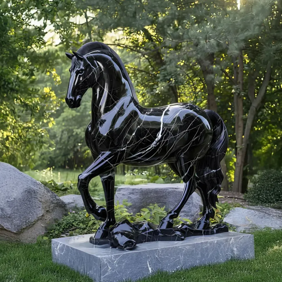Regal Stallion 220cm Black Marble Garden Statue