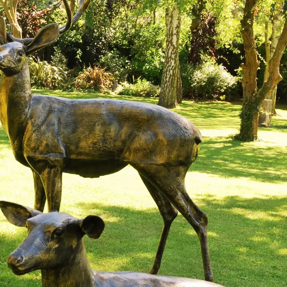 Stag Doe & Fawn Collection Bronze Metal Garden Statues
