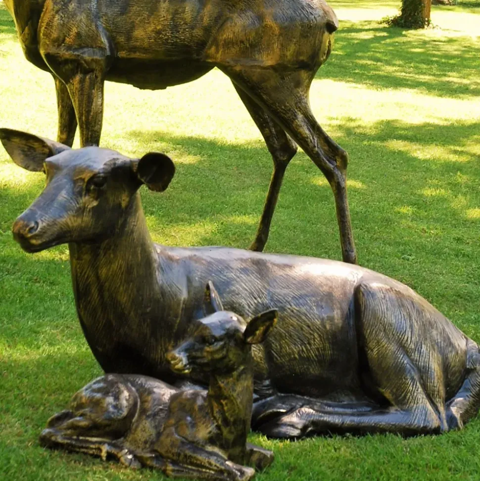 Stag Doe & Fawn Collection Bronze Metal Garden Statues