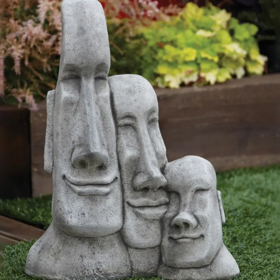 Triple Easter Island Heads Stone Garden Ornament