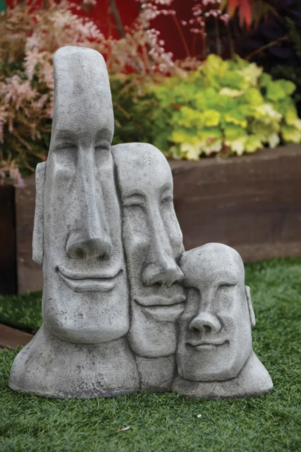Triple Easter Island Heads Stone Garden Ornament