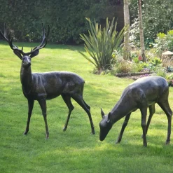 Wild Stag & Doe Life-Size Bronze Garden Statues