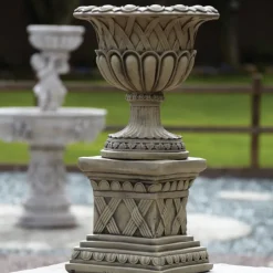Woven Stone Garden Planter on Pedestal